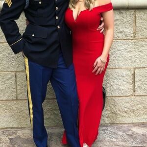 Formal gown, red, floor length, off the shoulder, fitted